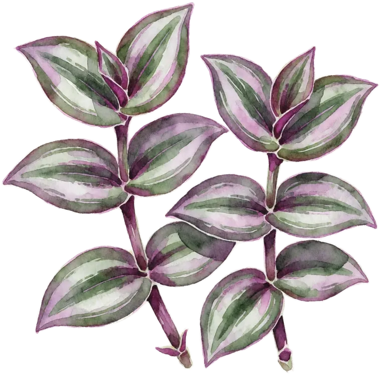 Watercolour painting of two inch plant stems with purple and silver striped leaves