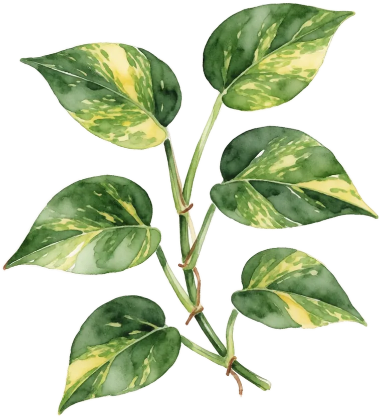 Watercolour painting of a pothos vine with six green and yellow leaves